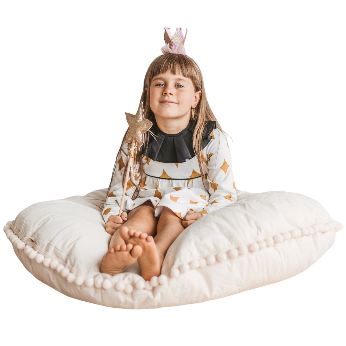 MINICAMP Large Floor Cushion with Pom Poms in Ecru – Floor Pillows for children, available at Learning Bugs UK