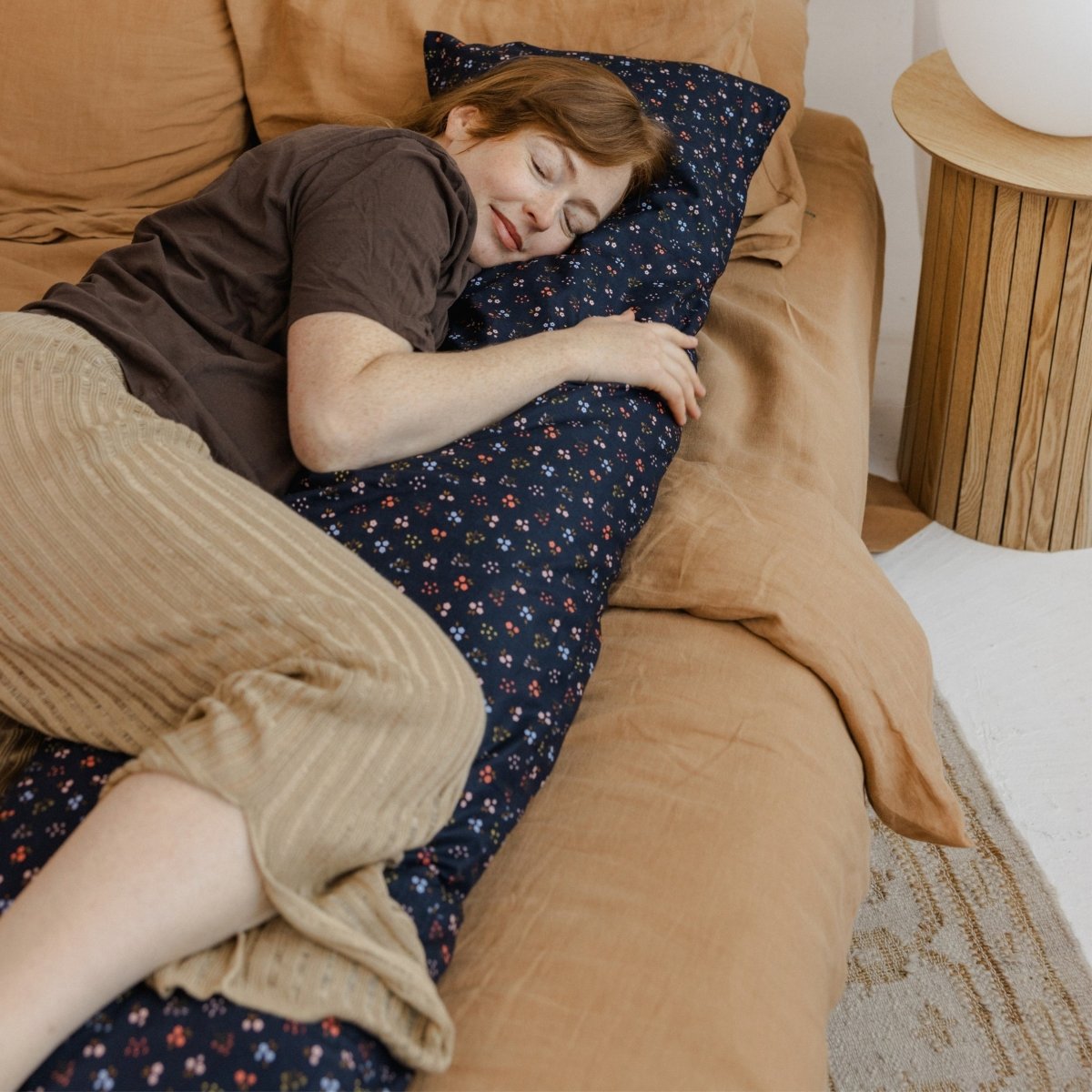 MINICAMP Long Maternity & Lumbar Support Pillow with Organic Cover in Navy Blue – Lumbar Pillows for children, available at Learning Bugs UK
