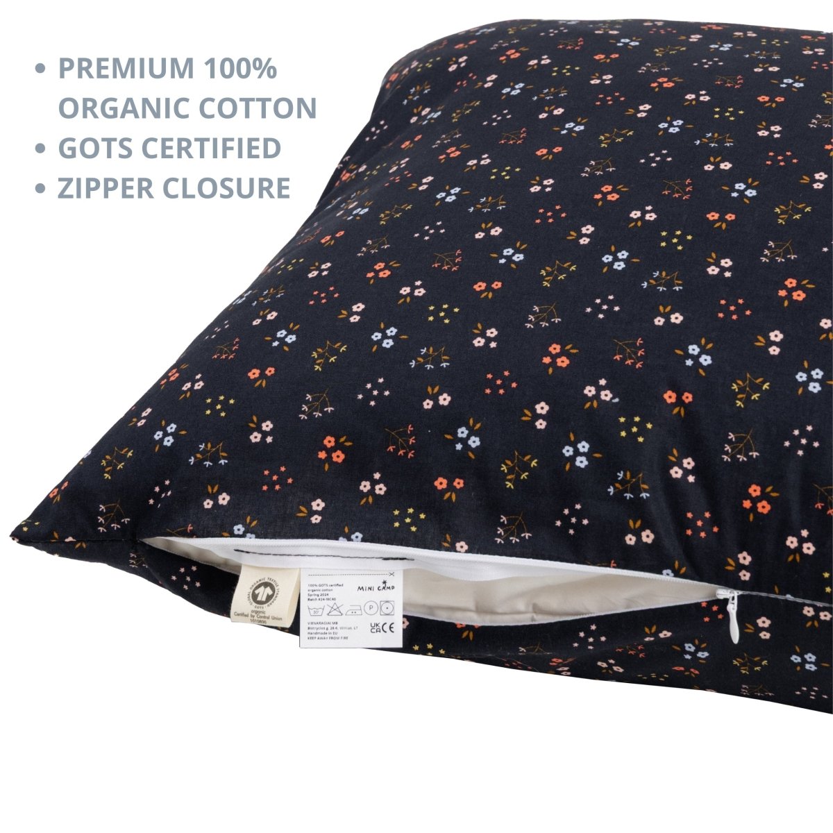 MINICAMP Long Maternity & Lumbar Support Pillow with Organic Cover in Navy Blue – Lumbar Pillows for children, available at Learning Bugs UK