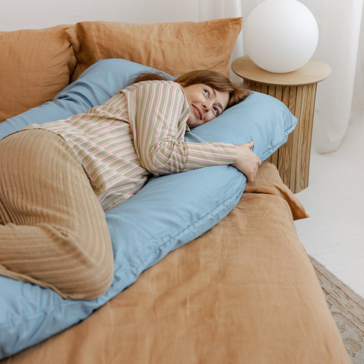 MINICAMP U-Shaped Pregnancy Pillow with Natural Sateen Cotton Cover in Stone Blue | Kapok & Latex Blend or PES Filling – Body Pillows U Shaped for children, available at Learning Bugs UK