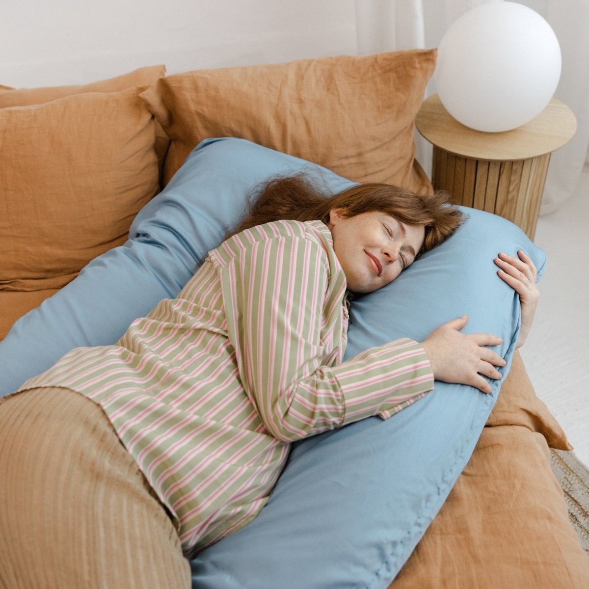 MINICAMP U-Shaped Pregnancy Pillow with Natural Sateen Cotton Cover in Stone Blue | Kapok & Latex Blend or PES Filling – Body Pillows U Shaped for children, available at Learning Bugs UK