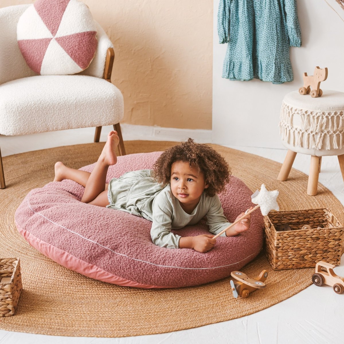 MINICAMP Boucle Fabric Kids Floor Cushion in Rose – Floor Pillows for children, available at Learning Bugs UK