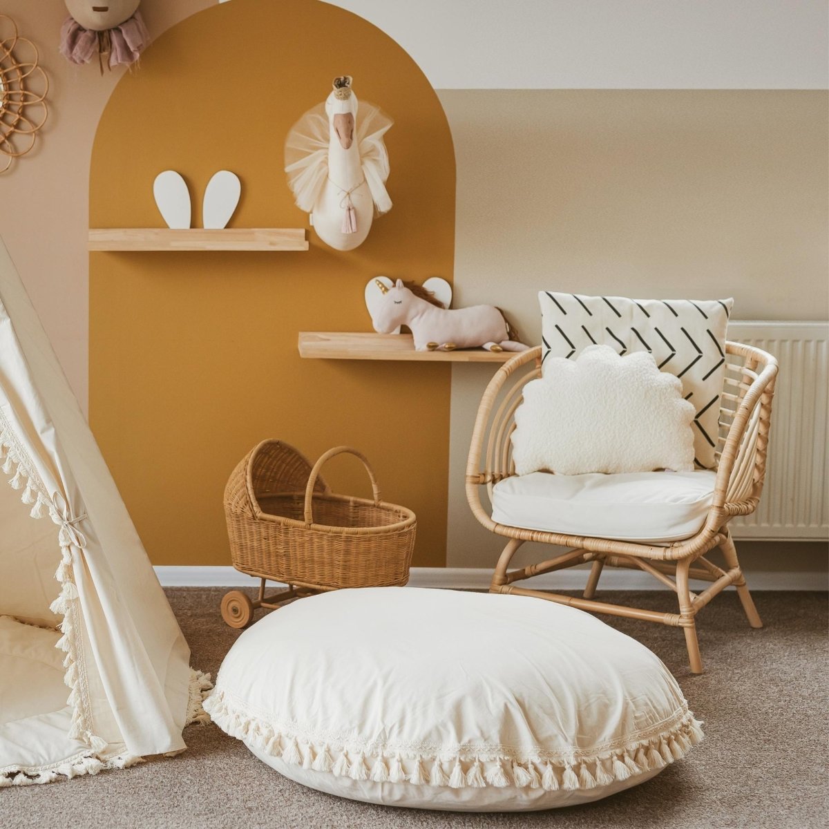 MINICAMP Large Floor Cushion with Tassels in Ecru – Floor Pillows for children, available at Learning Bugs UK