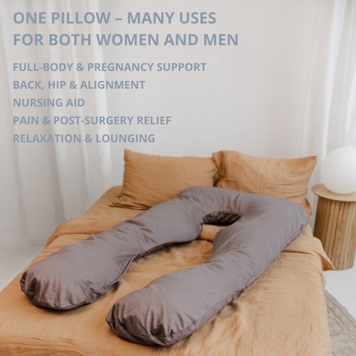 MINICAMP U-Shaped Comfort Pillow with Natural Sateen Cotton Cover in Cacao | Kapok & Latex Blend or PES Filling – Body Pillows U Shaped for children, available at Learning Bugs UK