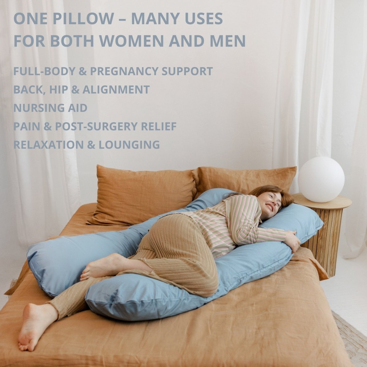 MINICAMP U-Shaped Pregnancy Pillow with Natural Sateen Cotton Cover in Stone Blue | Kapok & Latex Blend or PES Filling – Body Pillows U Shaped for children, available at Learning Bugs UK