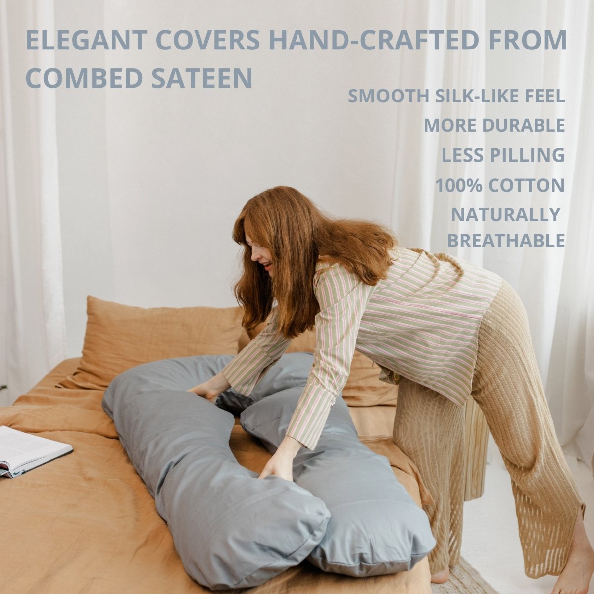 MINICAMP U-Shaped Pregnancy Pillow with Natural Sateen Cotton Cover in Stone Grey | Kapok & Latex Blend or PES Filling – Body Pillows U Shaped for children, available at Learning Bugs UK