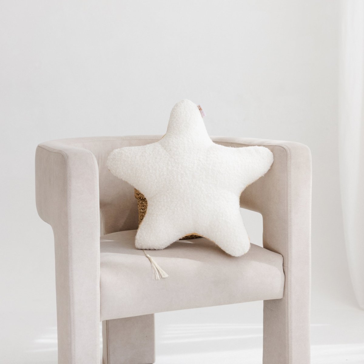 MINICAMP Ecru Boucle Starfish Cushion with Chic Golden Trim – Decorative Pillows for children, available at Learning Bugs UK