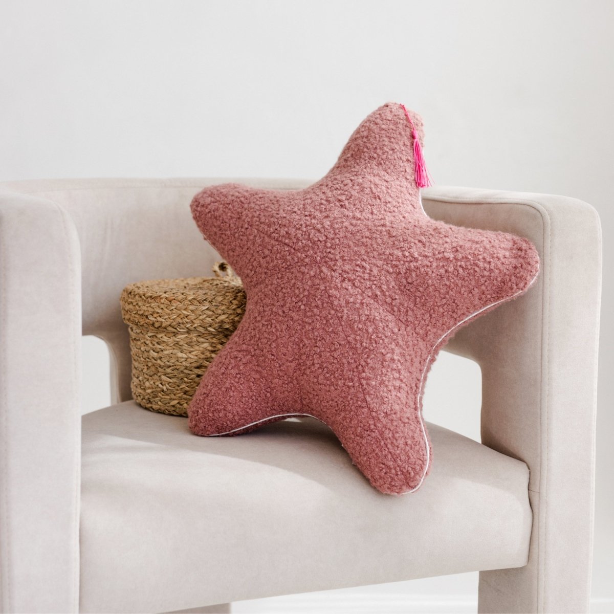 MINICAMP Rose Boucle Starfish Cushion with Chic Metallic Trim – Decorative Pillows for children, available at Learning Bugs UK