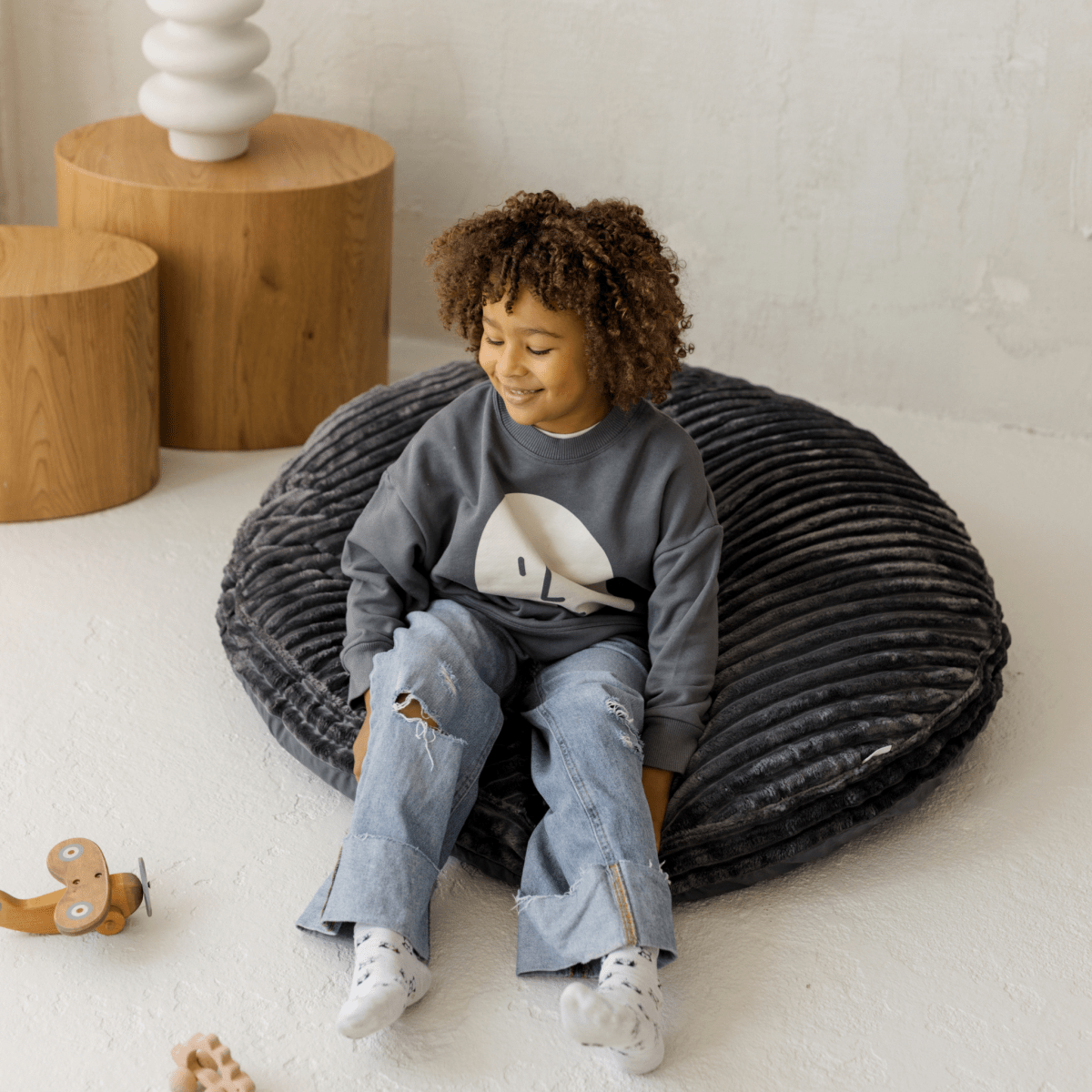 MINICAMP Large Kids Floor Cushion in dark grey corduroy – Floor Pillows for children, available at Learning Bugs UK