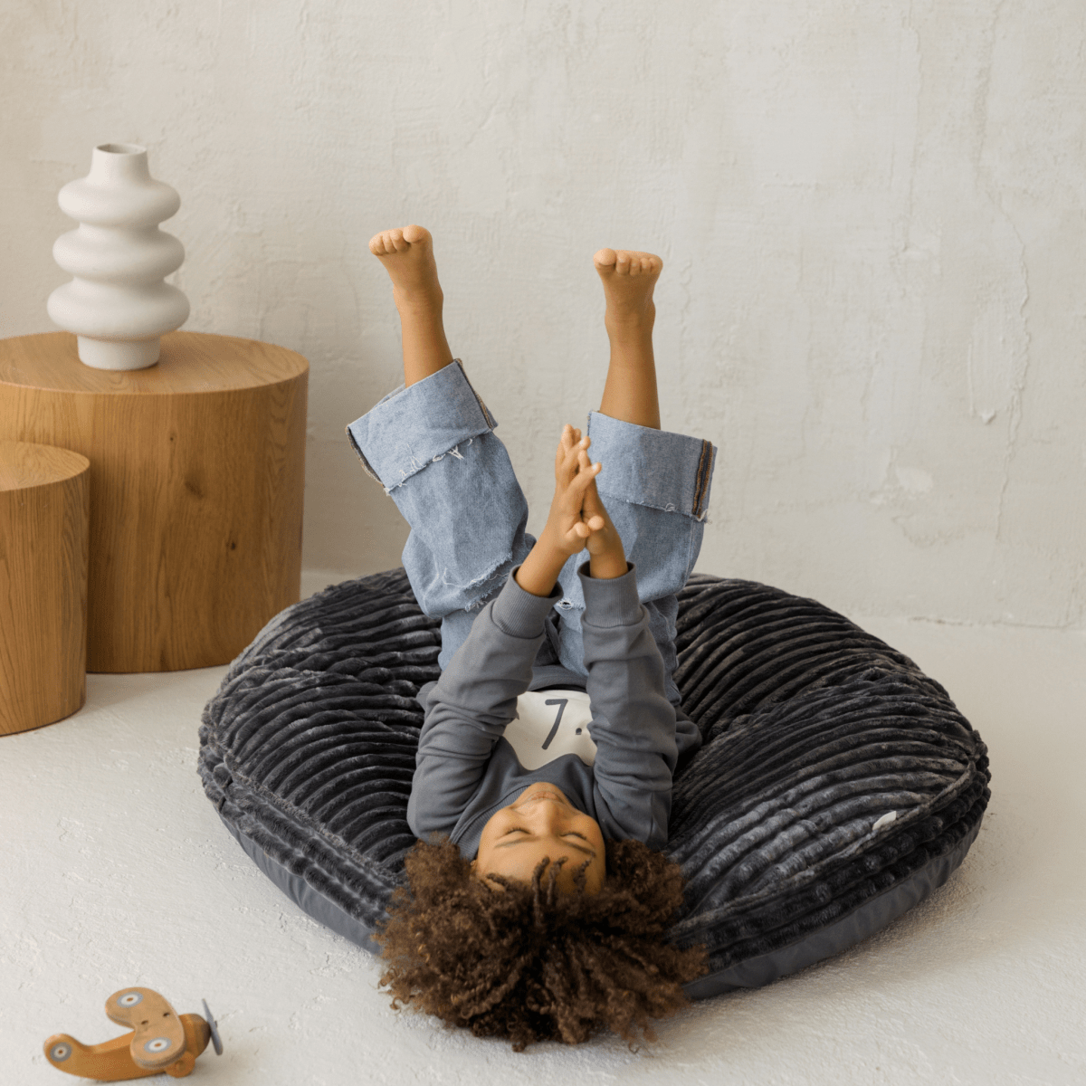 MINICAMP Large Kids Floor Cushion in dark grey corduroy – Floor Pillows for children, available at Learning Bugs UK