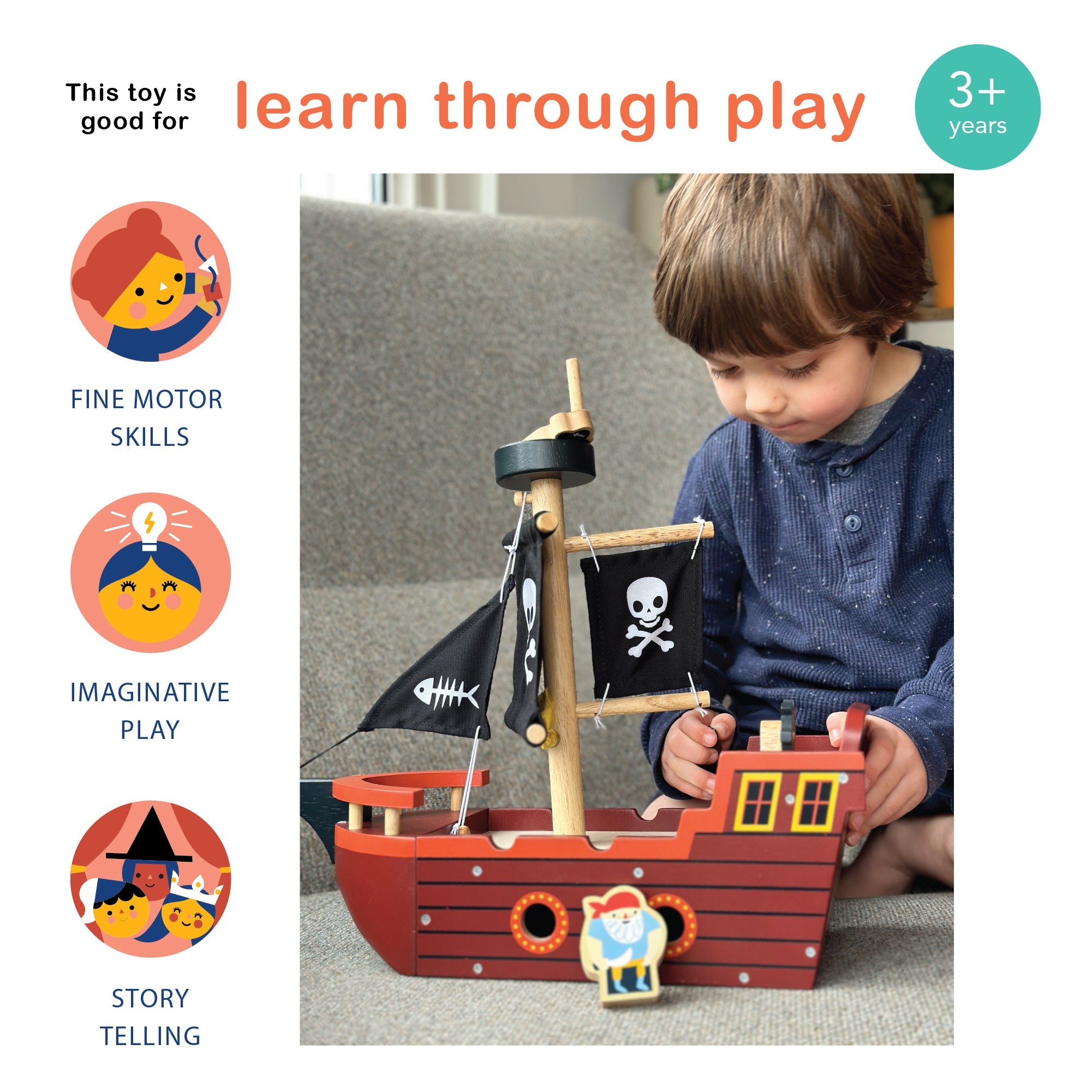 Buy Fishbones Pirate Ship | Wooden boat for kids by Learning Bugs UK