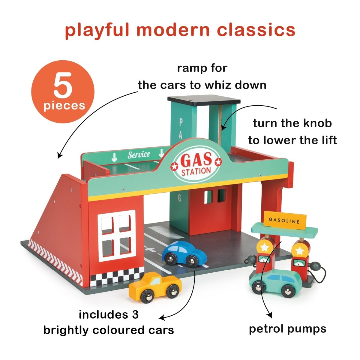 Gas Station – Wooden garage playset + cars for children, available at Learning Bugs UK