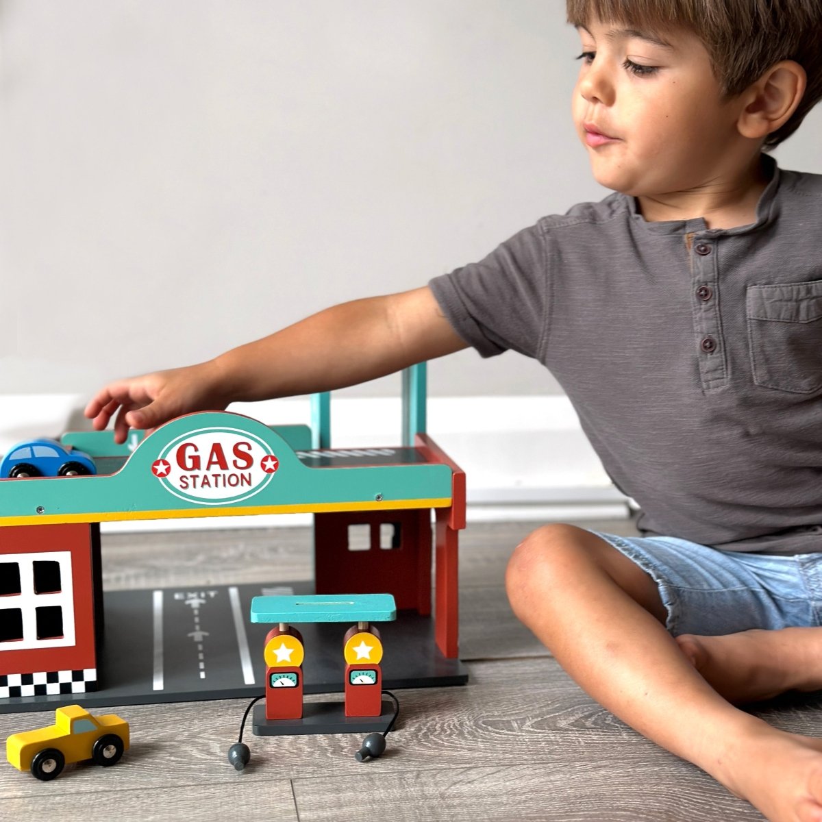 Gas Station – Wooden garage playset + cars for children, available at Learning Bugs UK