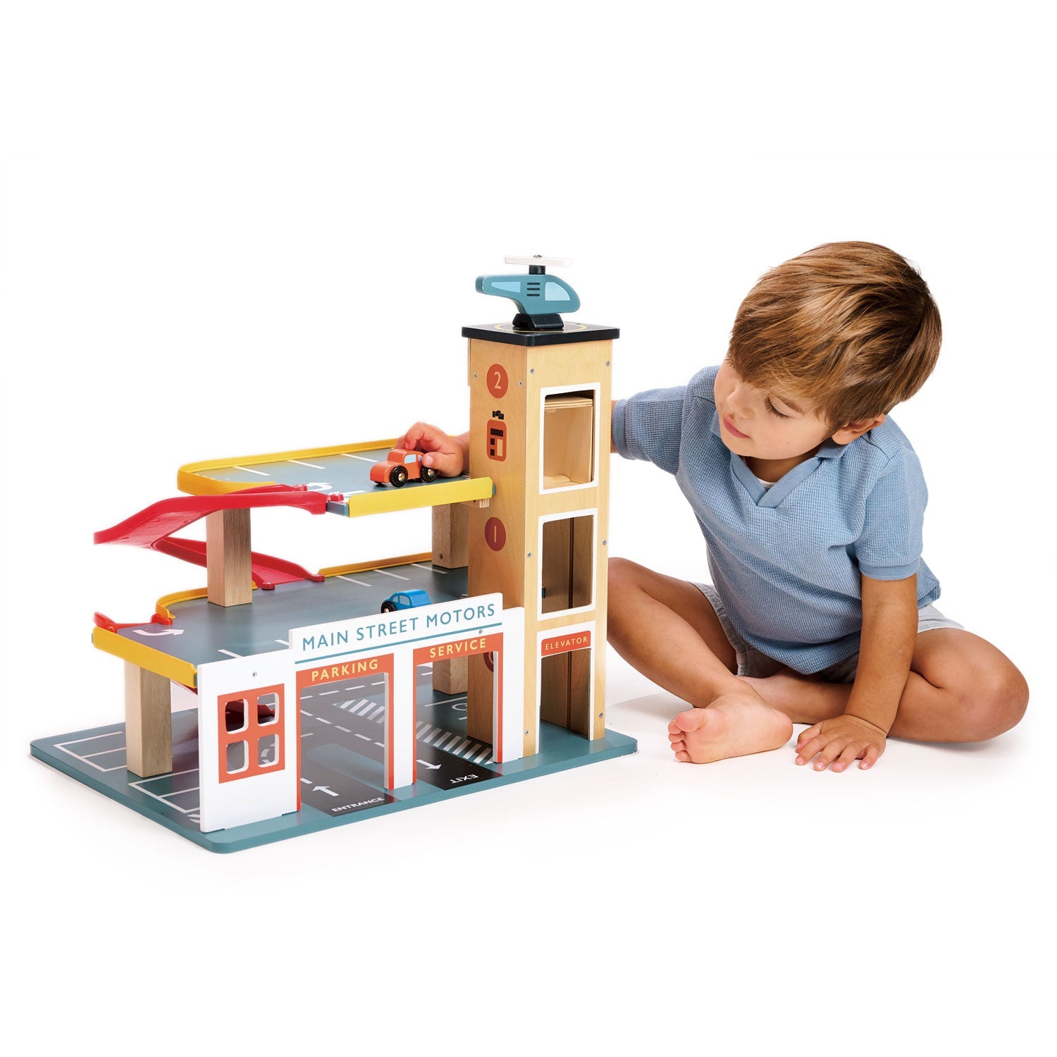 Buy Multi Level Garage with Lift | Wooden garage playset + cars for kids by Learning Bugs UK
