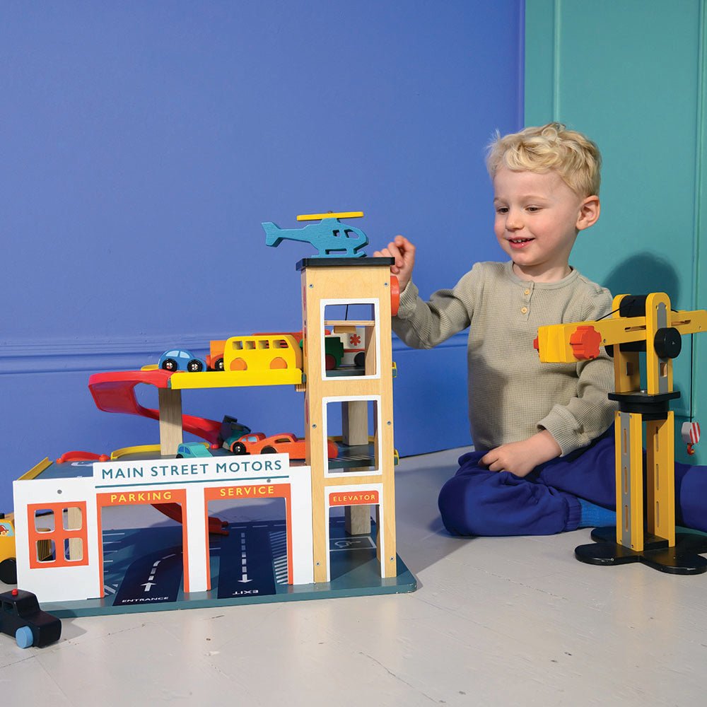 Buy Multi Level Garage with Lift | Wooden garage playset + cars for kids by Learning Bugs UK