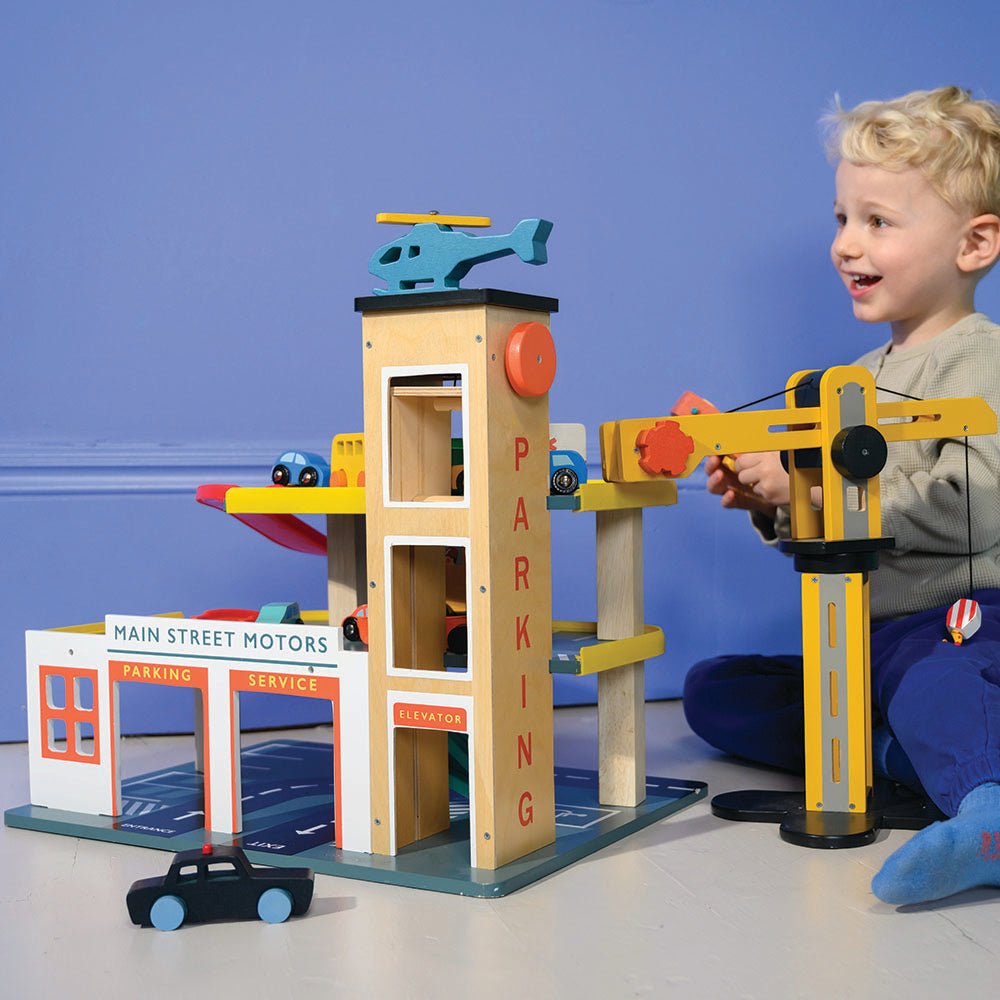 Buy Multi Level Garage with Lift | Wooden garage playset + cars for kids by Learning Bugs UK
