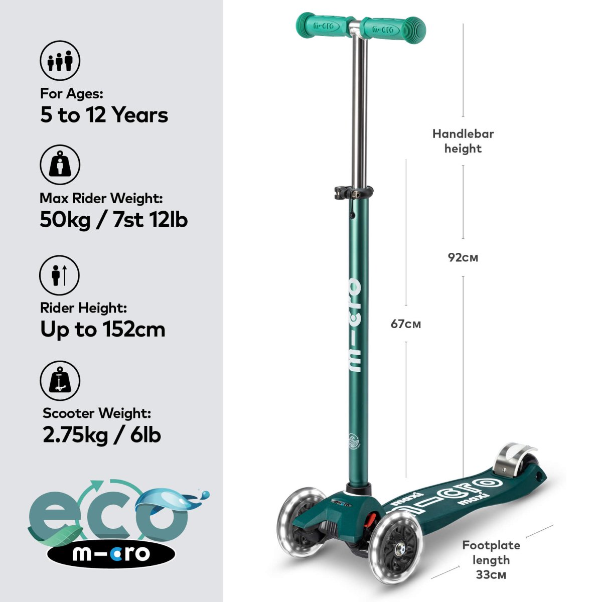 Maxi Micro Scooter Deluxe ECO LED — Green – for children, available at Learning Bugs UK