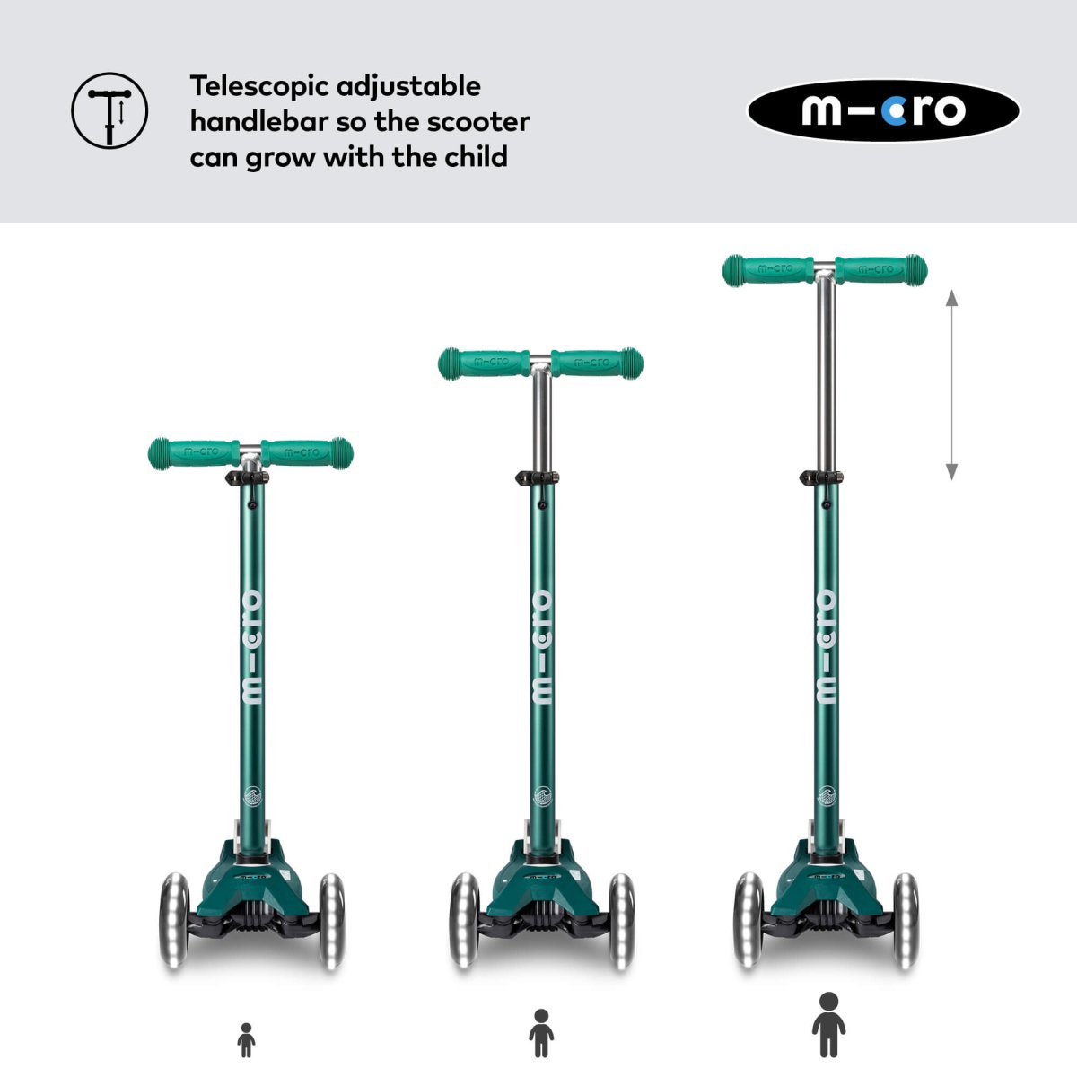 Maxi Micro Scooter Deluxe ECO LED — Green – for children, available at Learning Bugs UK