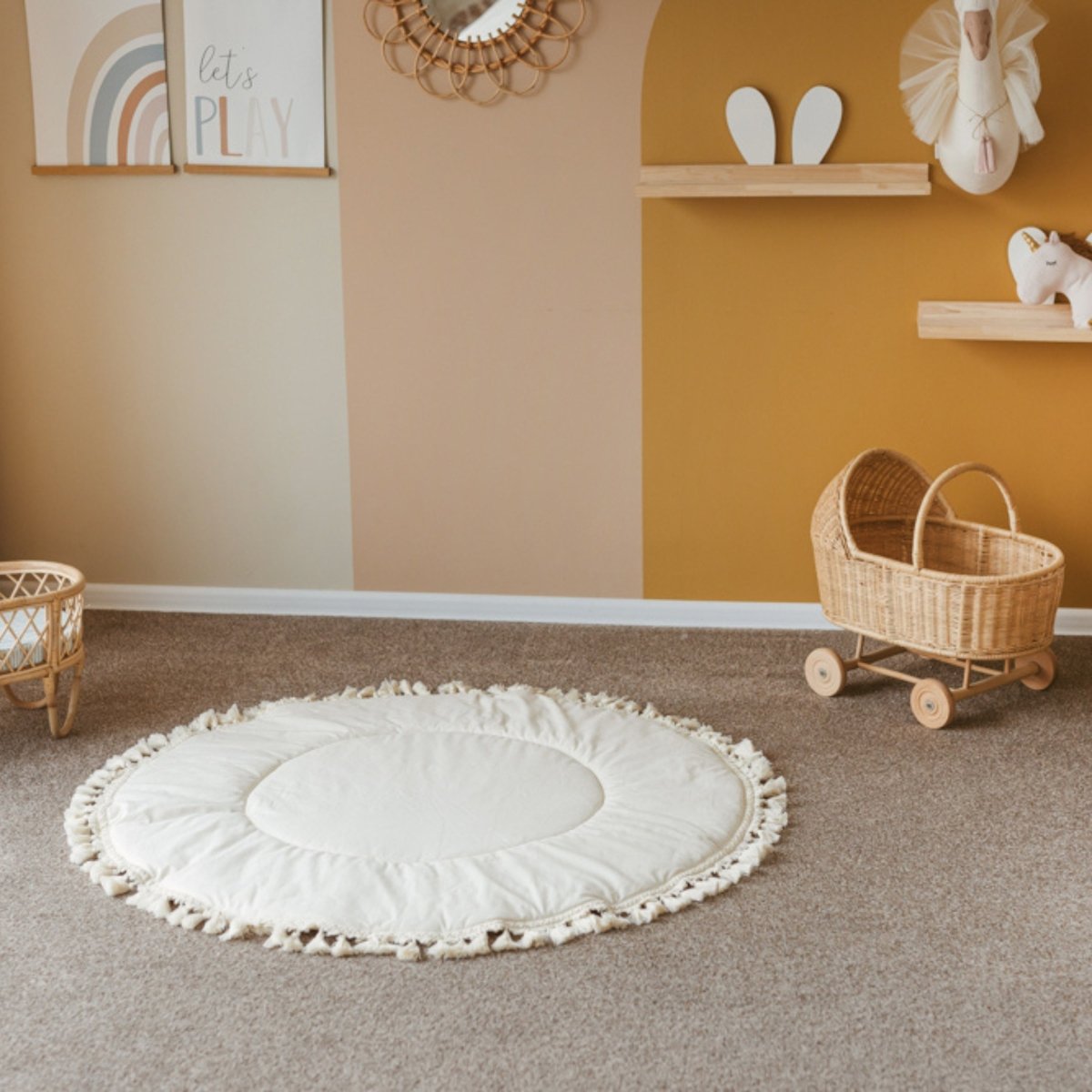 MINICAMP Padded Kids Play Mat in Ecru with Tassels – Playmats for children, available at Learning Bugs UK
