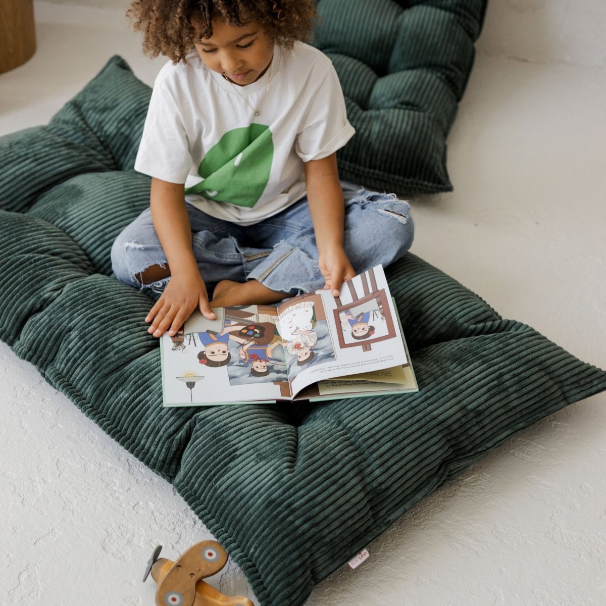 MINICAMP Tufted Corduroy Floor Cushion, French Style Pillow in Petrol Green – Kids Room Decor for children, available at Learning Bugs UK