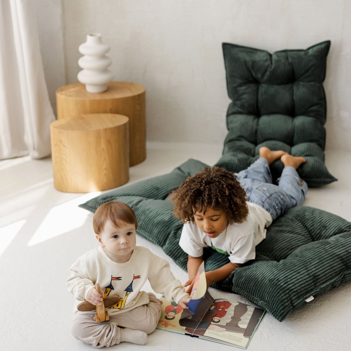 MINICAMP Tufted Corduroy Floor Cushion, French Style Pillow in Petrol Green – Kids Room Decor for children, available at Learning Bugs UK