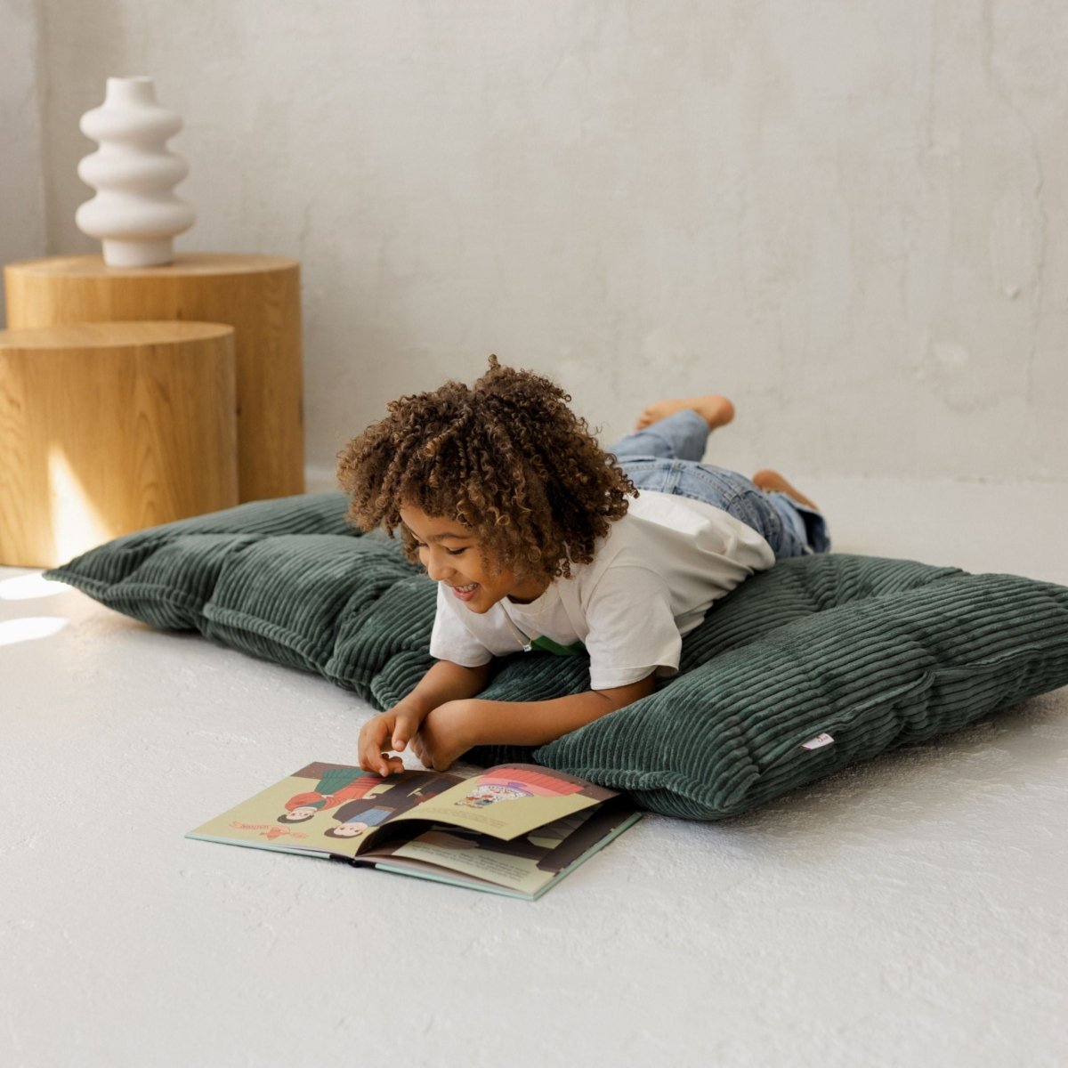MINICAMP Tufted Corduroy Floor Cushion, French Style Pillow in Petrol Green – Kids Room Decor for children, available at Learning Bugs UK