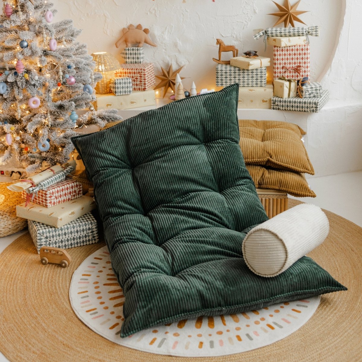 MINICAMP Tufted Corduroy Floor Cushion, French Style Pillow in Petrol Green – Kids Room Decor for children, available at Learning Bugs UK