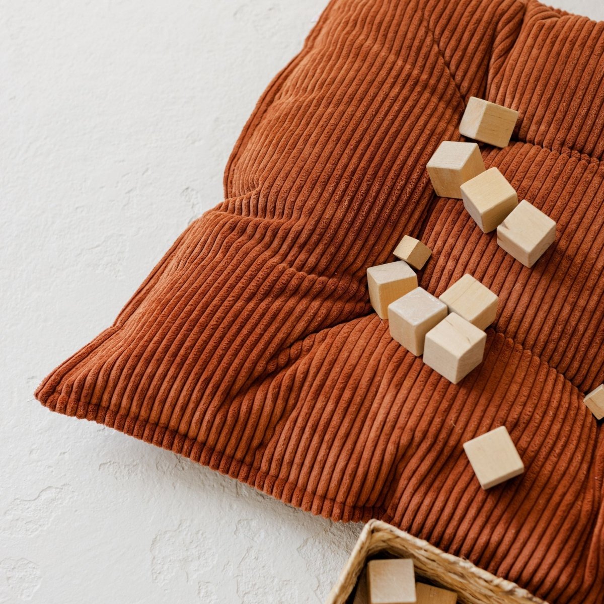MINICAMP Tufted Corduroy Floor Cushion, French Style Pillow in Terracotta – Kids Room Decor for children, available at Learning Bugs UK