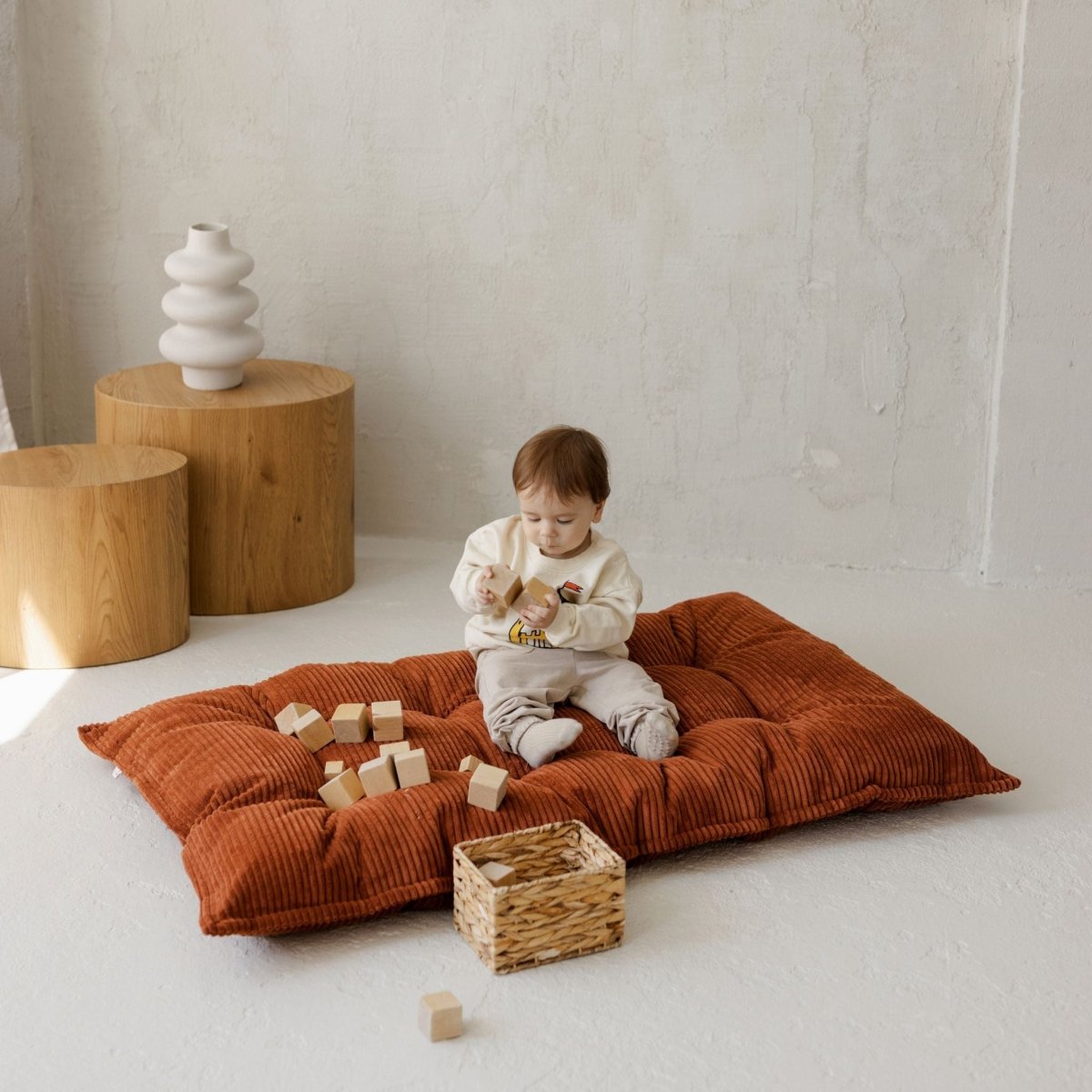 MINICAMP Tufted Corduroy Floor Cushion, French Style Pillow in Terracotta – Kids Room Decor for children, available at Learning Bugs UK
