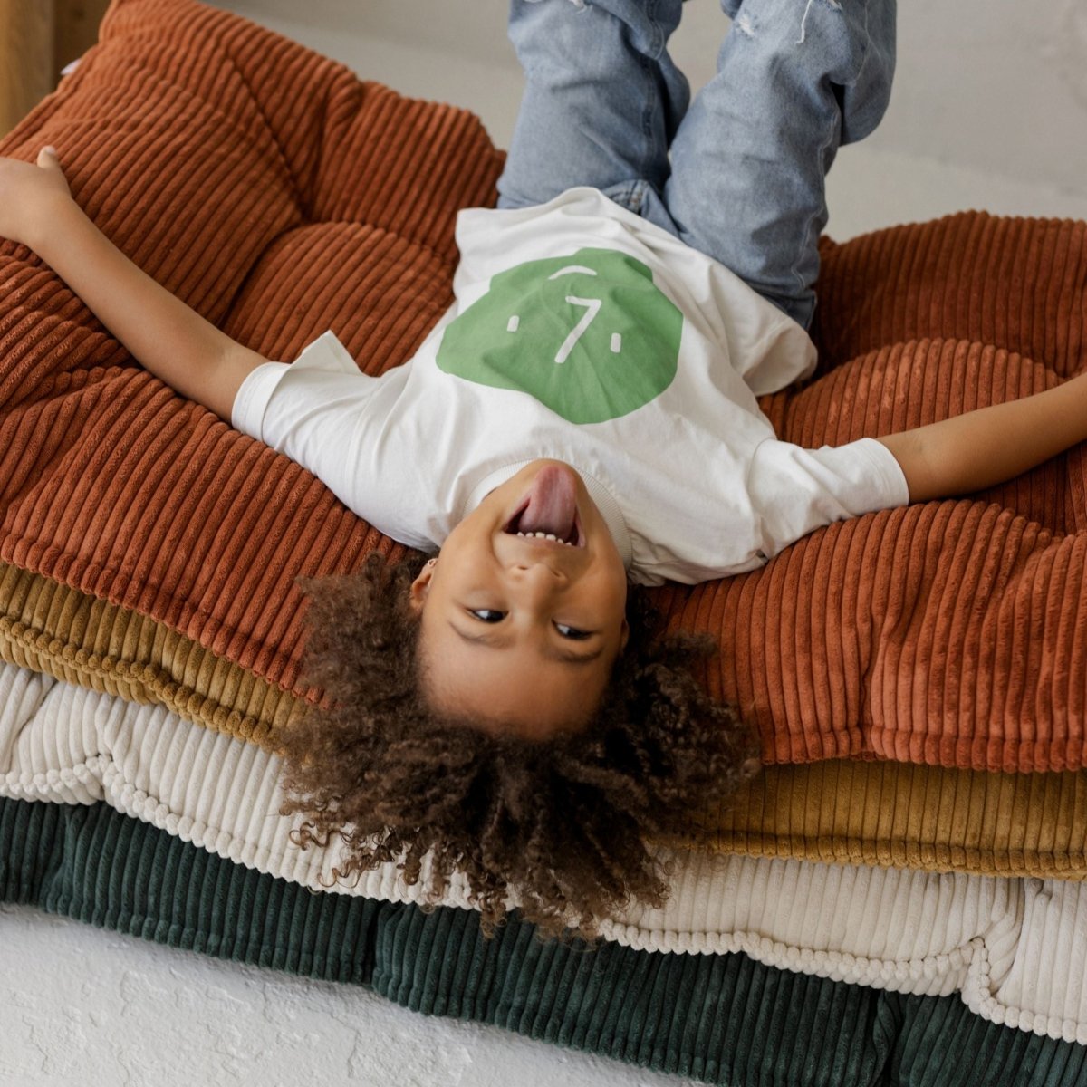 MINICAMP Tufted Corduroy Floor Cushion, French Style Pillow in Terracotta – Kids Room Decor for children, available at Learning Bugs UK