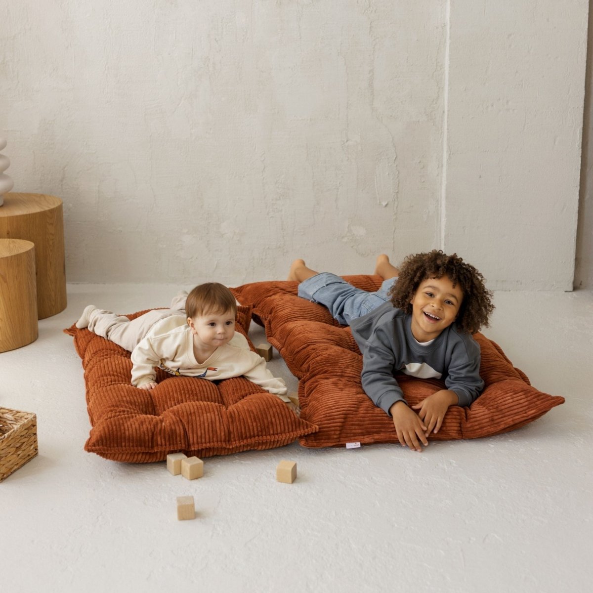MINICAMP Tufted Corduroy Floor Cushion, French Style Pillow in Terracotta – Kids Room Decor for children, available at Learning Bugs UK