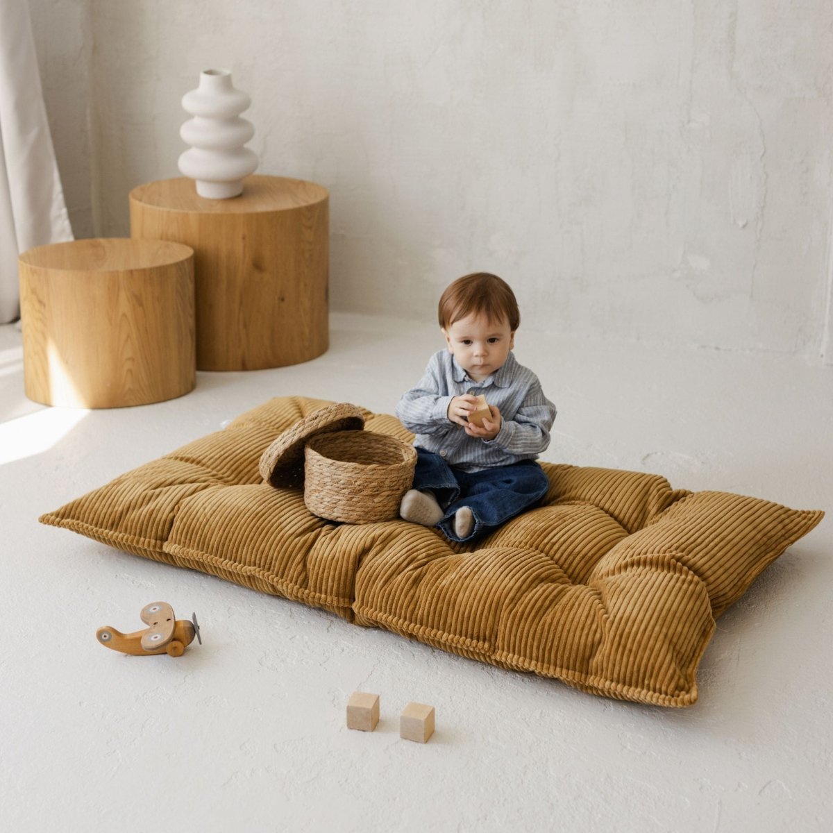 MINICAMP Tufted Corduroy Floor Cushion, French Style Pillow in Mustard – Kids Room Decor for children, available at Learning Bugs UK