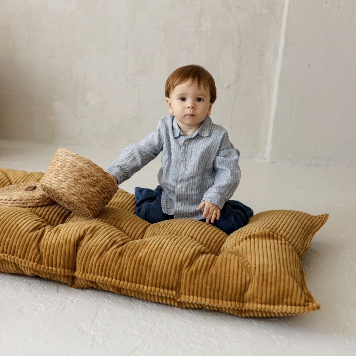 MINICAMP Tufted Corduroy Floor Cushion, French Style Pillow in Mustard – Kids Room Decor for children, available at Learning Bugs UK