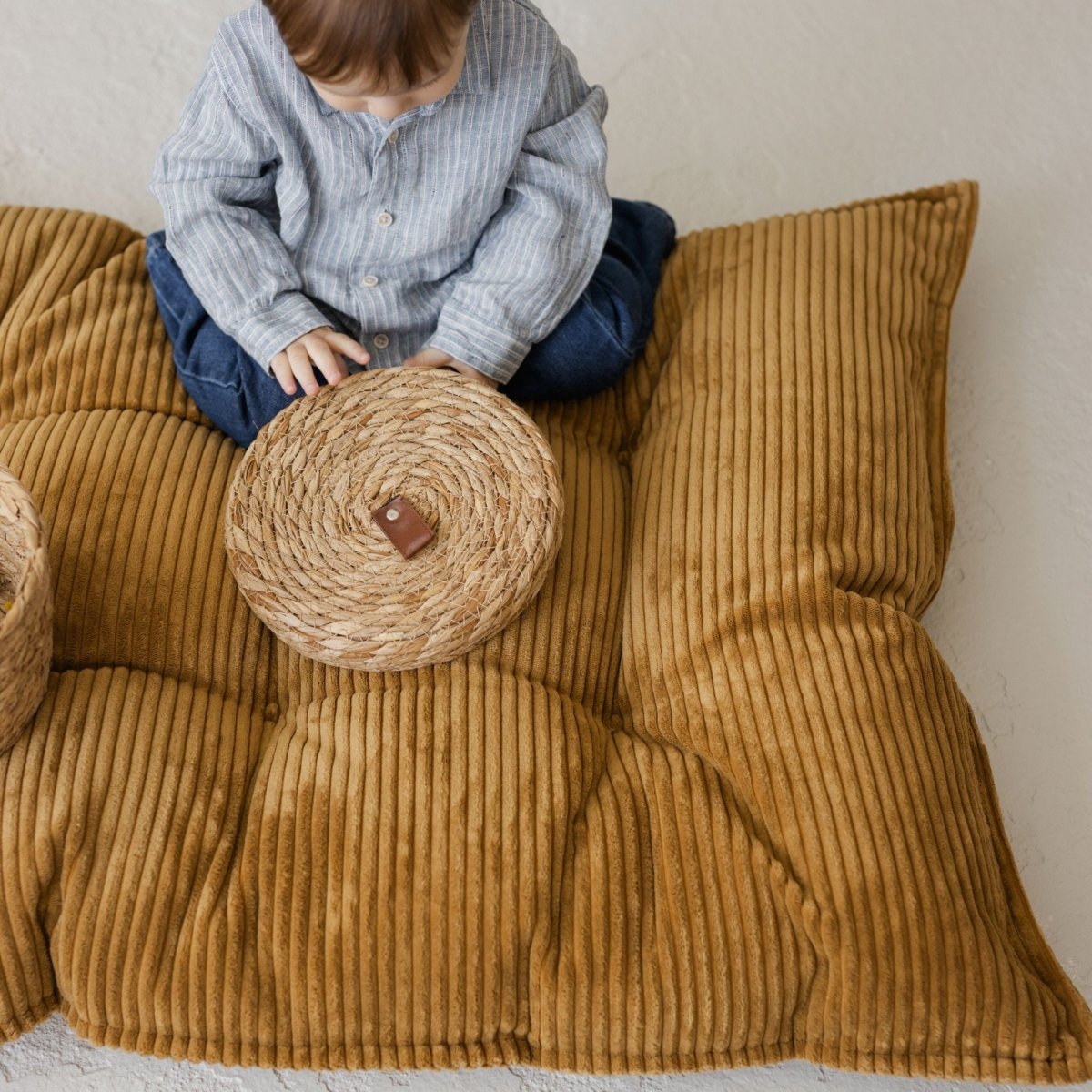 MINICAMP Tufted Corduroy Floor Cushion, French Style Pillow in Mustard – Kids Room Decor for children, available at Learning Bugs UK