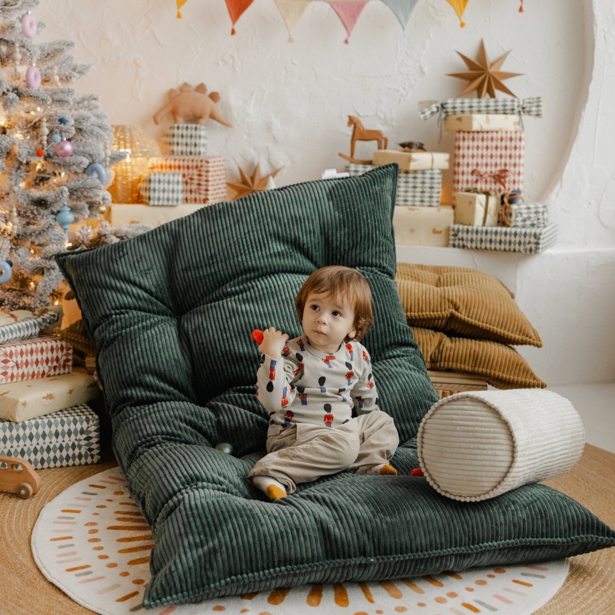 MINICAMP Tufted Corduroy Floor Cushion, French Style Pillow in Petrol Green – Kids Room Decor for children, available at Learning Bugs UK