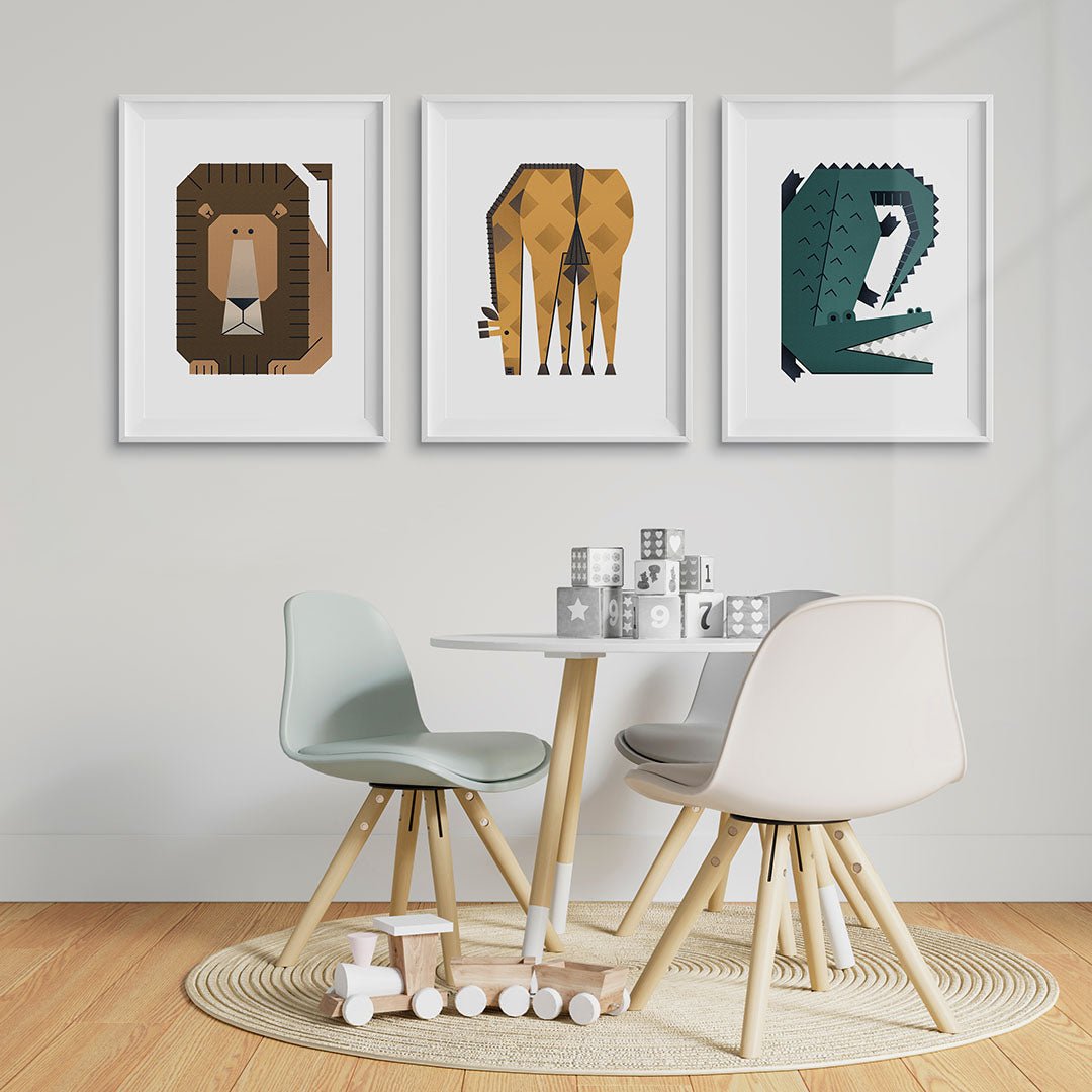 Minimal Safari Animals Nursery Prints Set of 3 – Print Sets for children, available at Learning Bugs UK