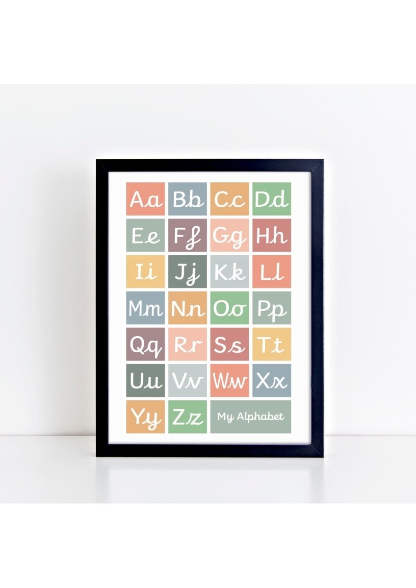Handwriting Alphabet Print - muted (with lead-in lines) – for children, available at Learning Bugs UK