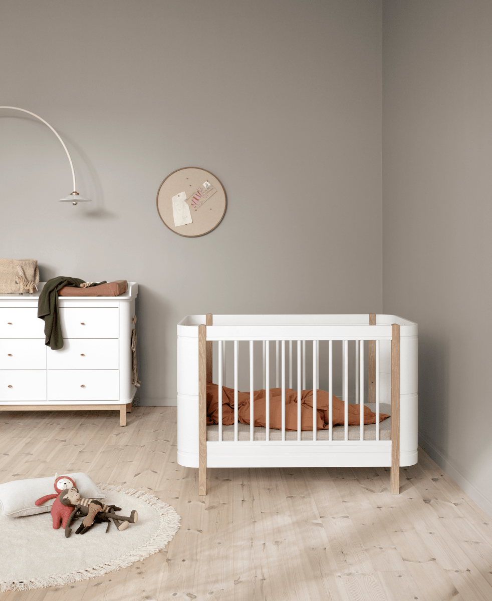Mini+ Cot Bed - White/Oak – Cot Beds for children, available at Learning Bugs UK