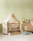 Oliver Furniture Camp Novel cot bed with canopy holder and embroidered canopy, available at Learning Bugs UK