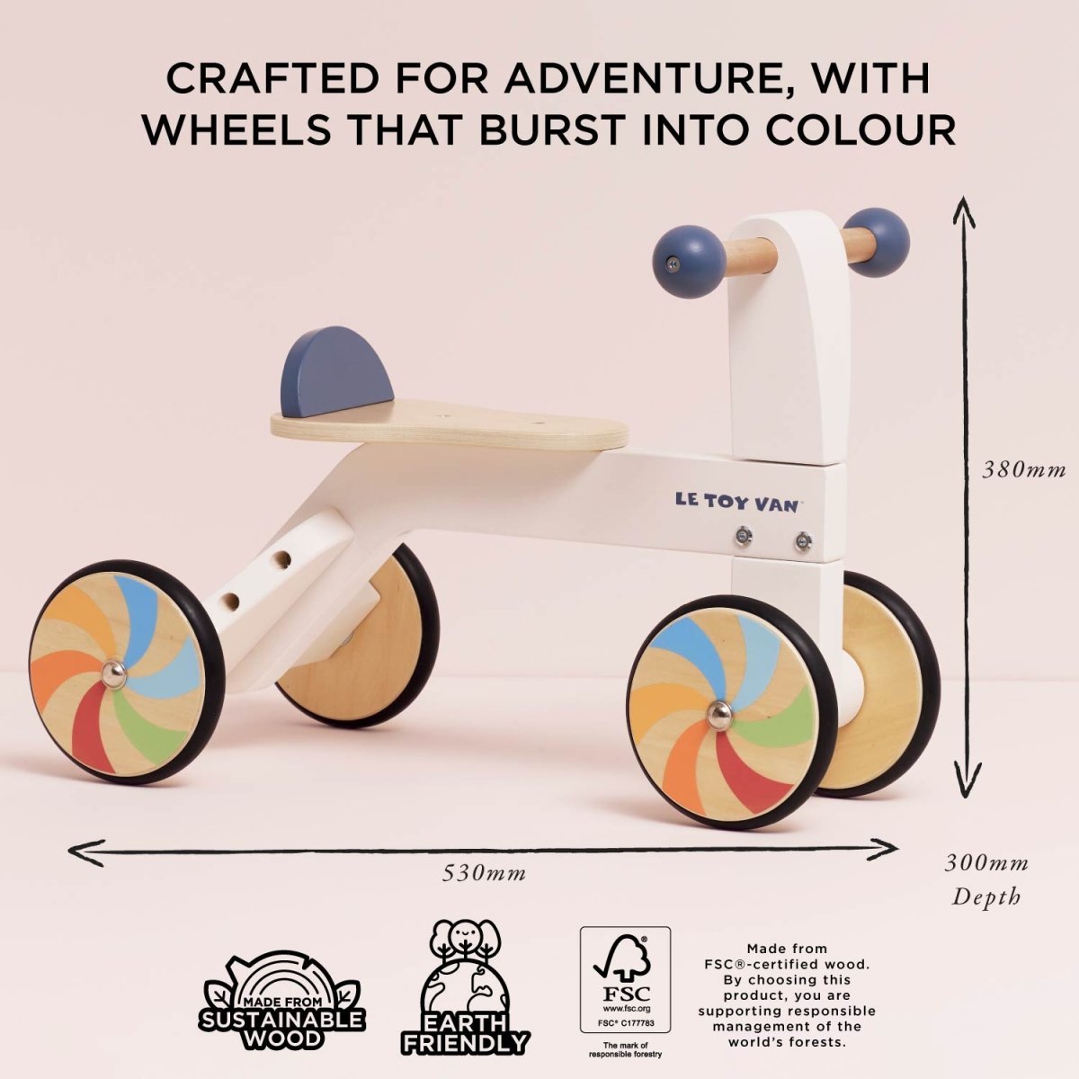 Le Toy Van Wooden Rainbow Ride On Trike – Push & Pedal Riding Vehicles for children, available at Learning Bugs UK