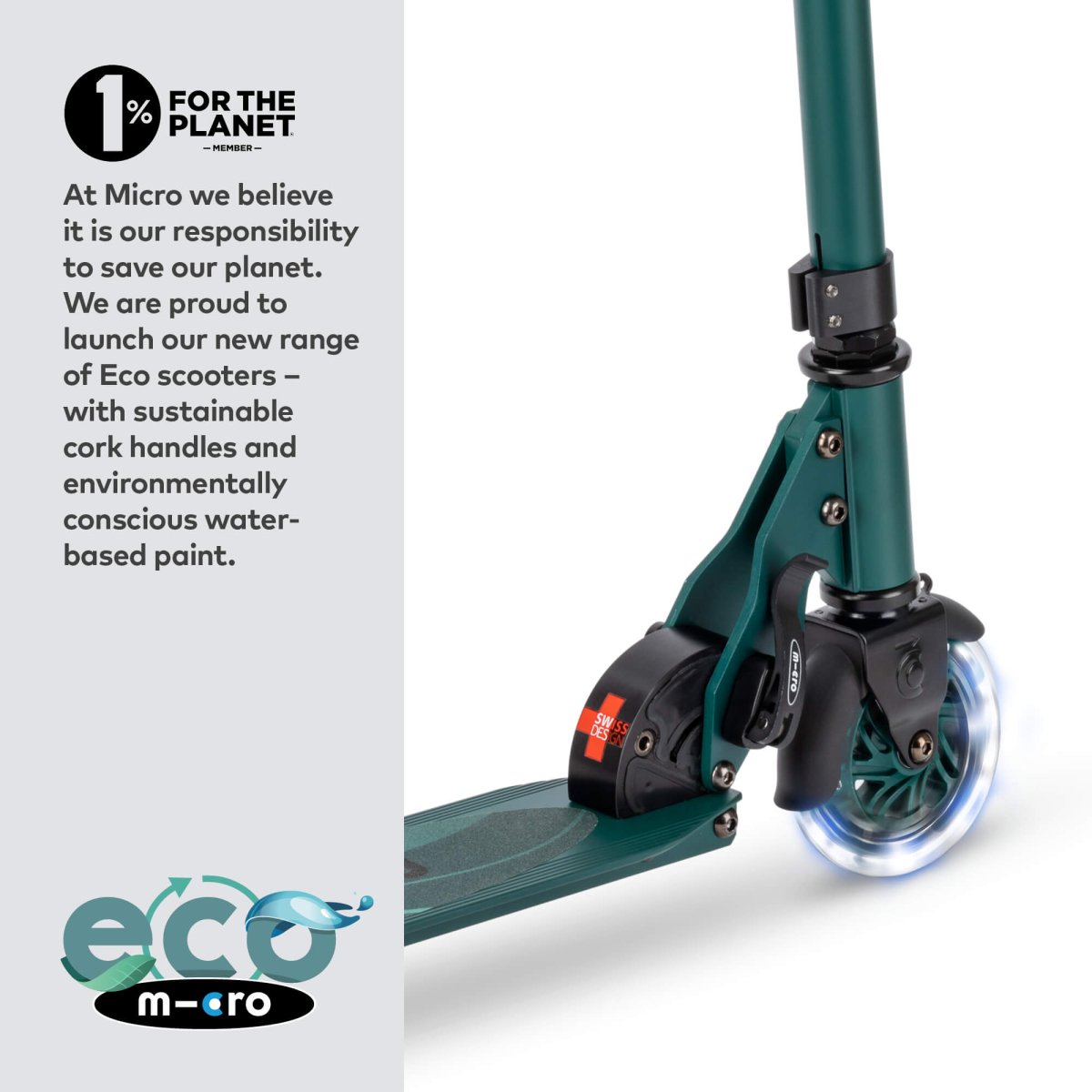 Micro Sprite ECO Scooter — Olive Green – for children, available at Learning Bugs UK