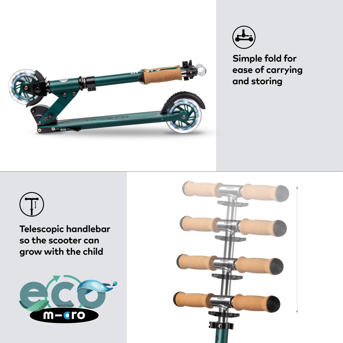 Micro Sprite ECO Scooter — Olive Green – for children, available at Learning Bugs UK
