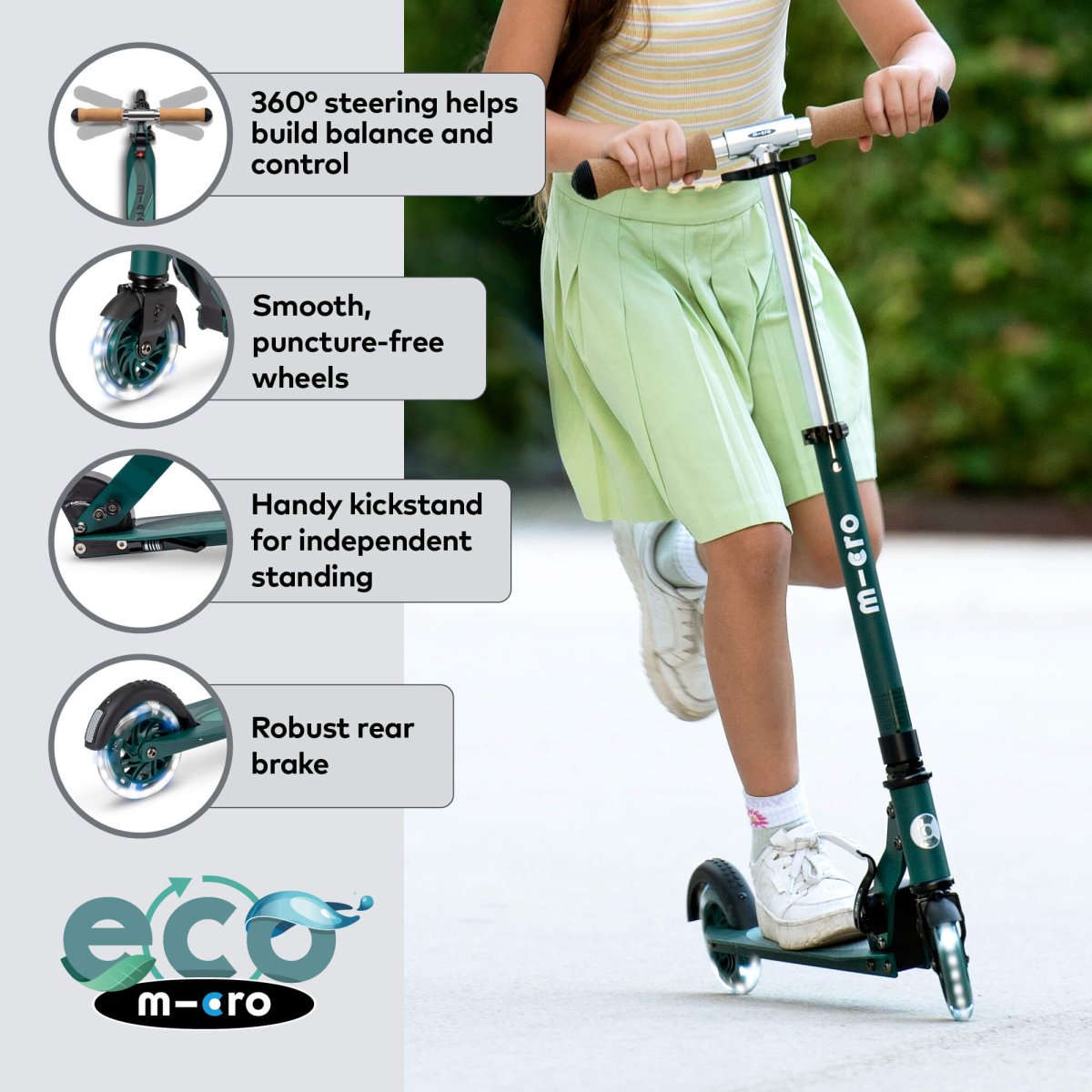 Micro Sprite ECO Scooter — Olive Green – for children, available at Learning Bugs UK