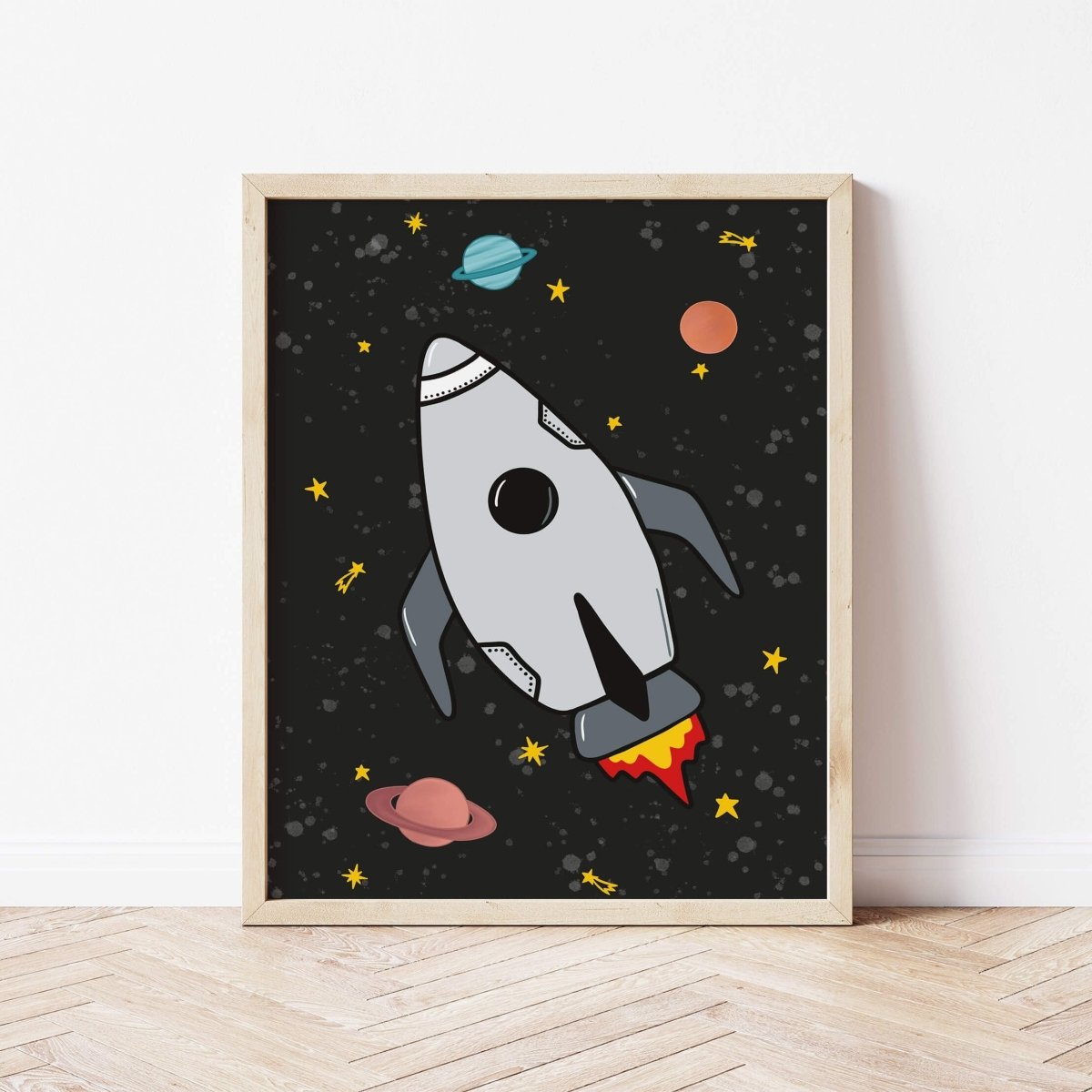 Space Rocket 1 print - black background – for children, available at Learning Bugs UK