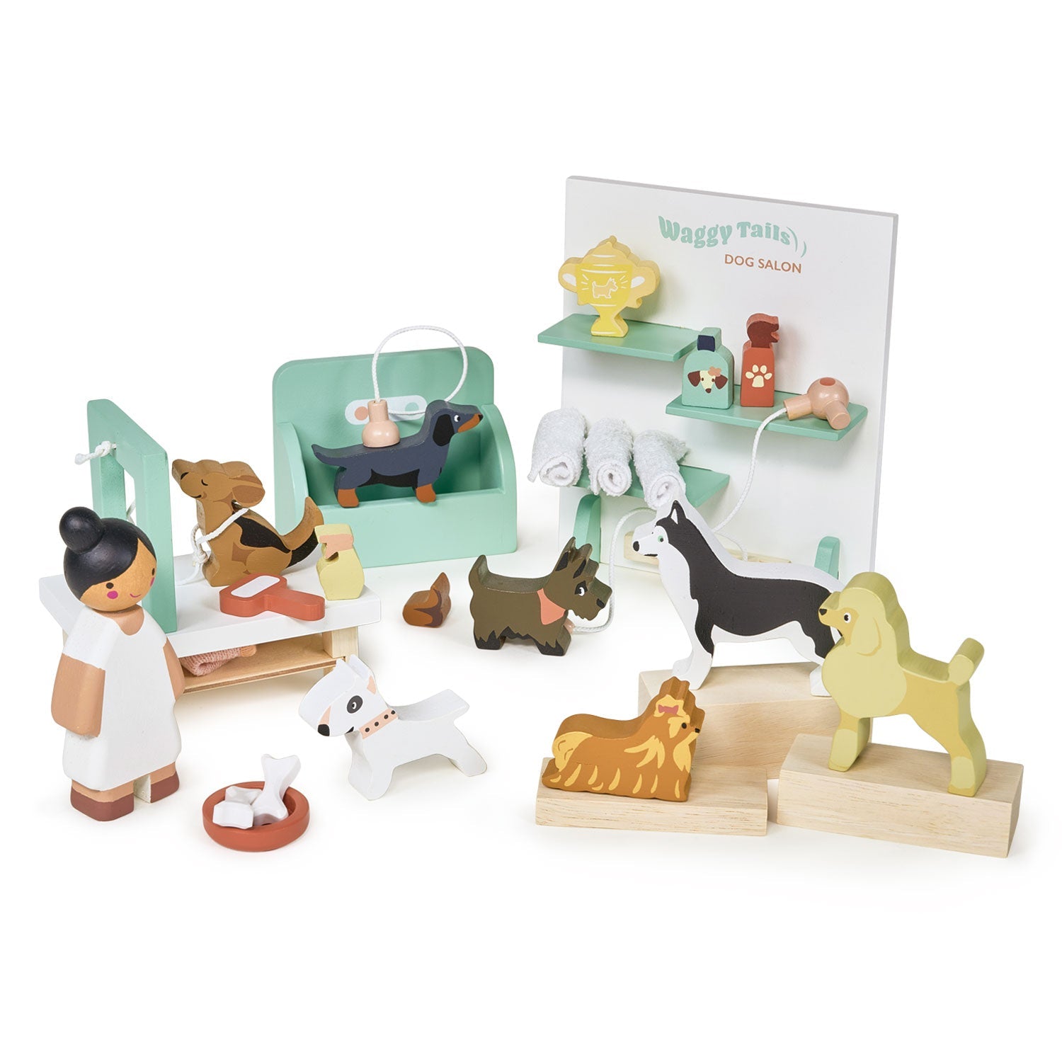 Buy Waggy Tails Dog Salon | Wooden dolls house pet set for kids by Learning Bugs UK