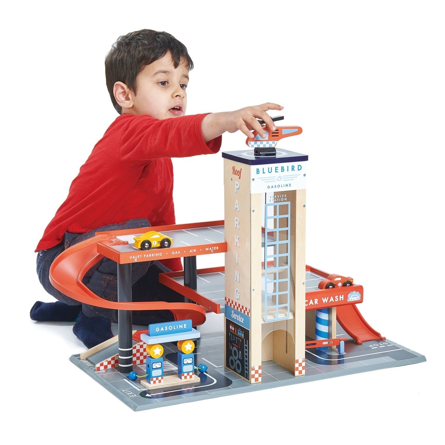 Buy Blue Bird Service Station | Wooden garage playset + cars for kids by Learning Bugs UK