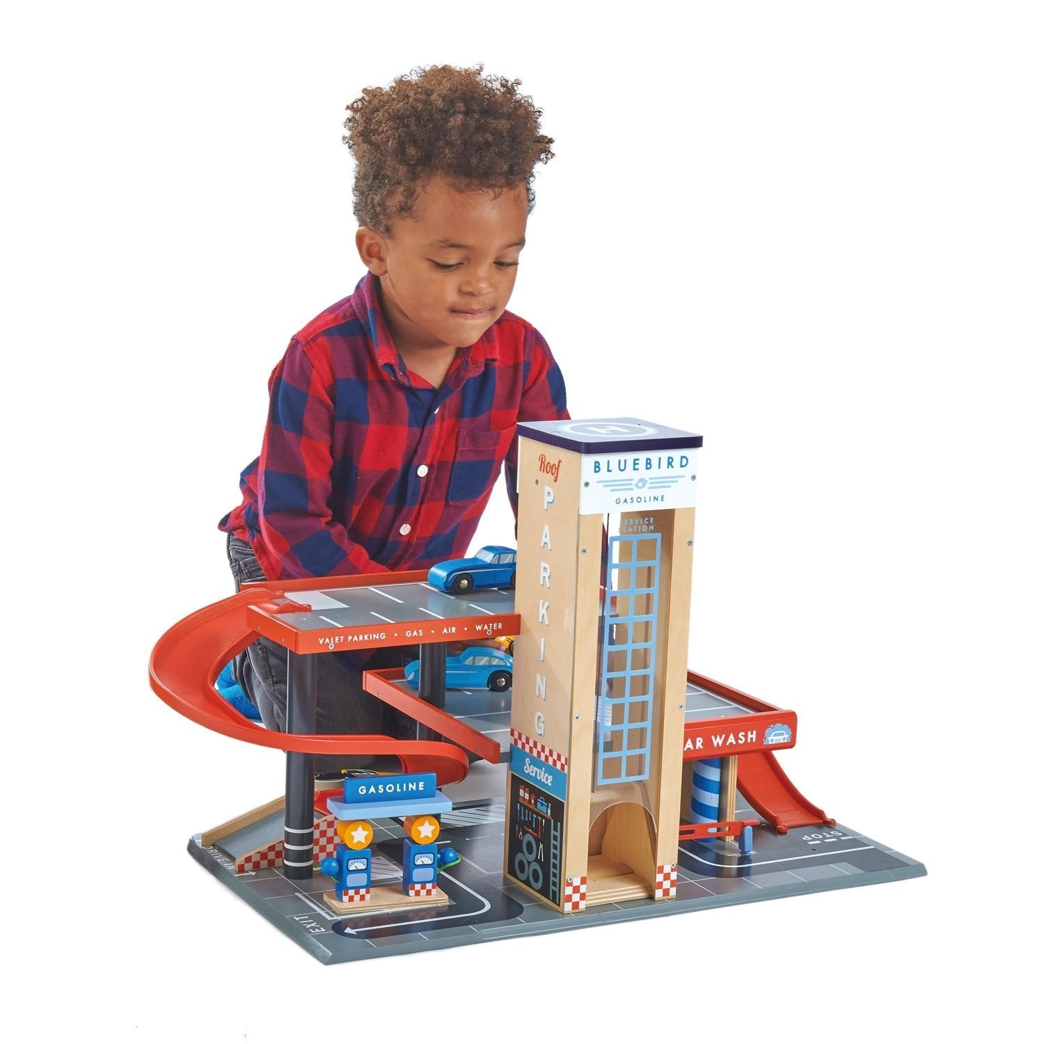 Buy Blue Bird Service Station | Wooden garage playset + cars for kids by Learning Bugs UK