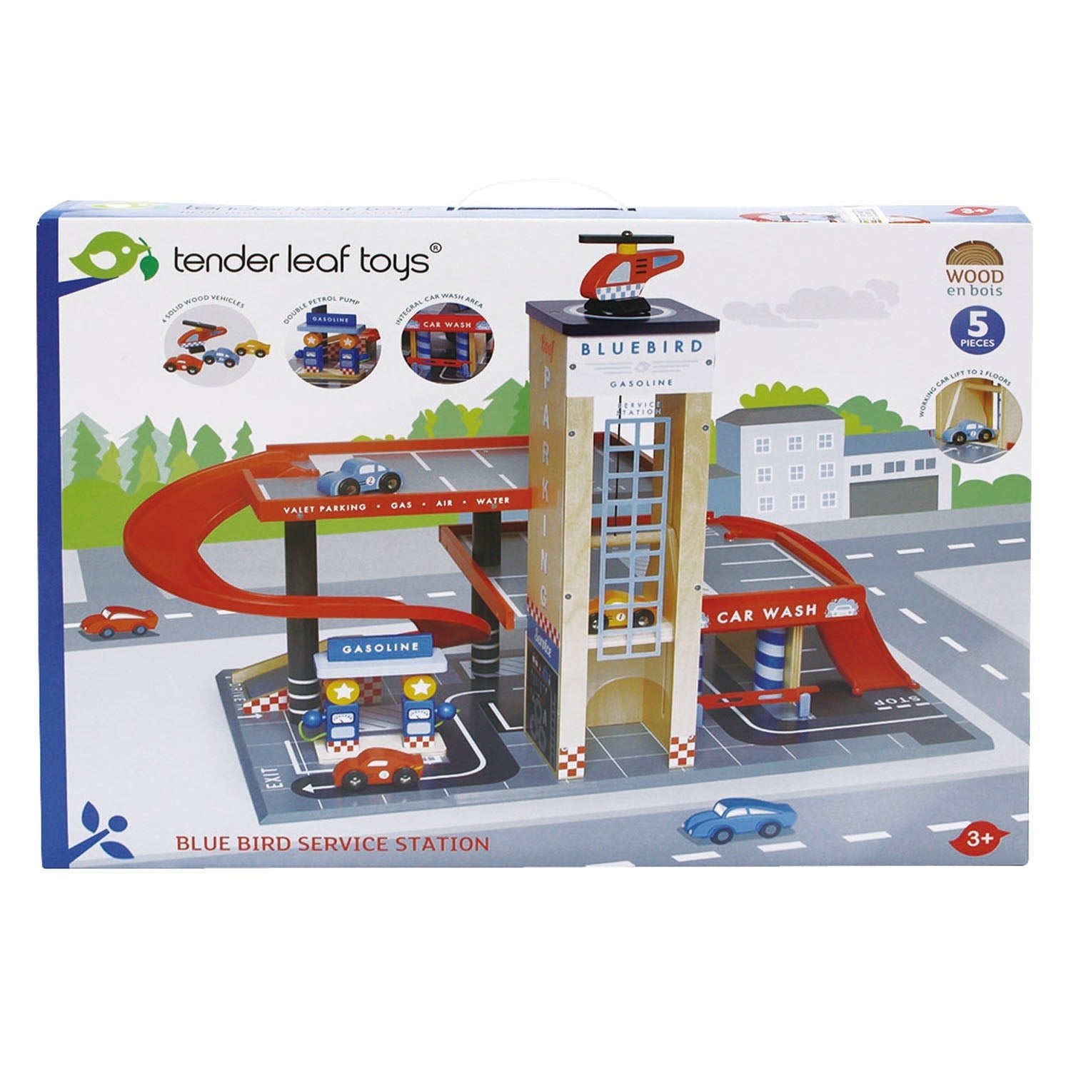 Buy Blue Bird Service Station | Wooden garage playset + cars for kids by Learning Bugs UK