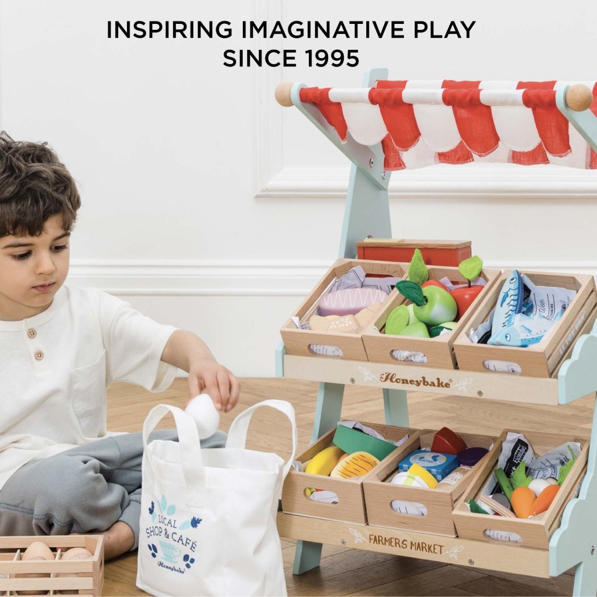 Wooden Market Stall & Fruit Play Food Crate – Pretend Shopping & Grocery for children, available at Learning Bugs UK
