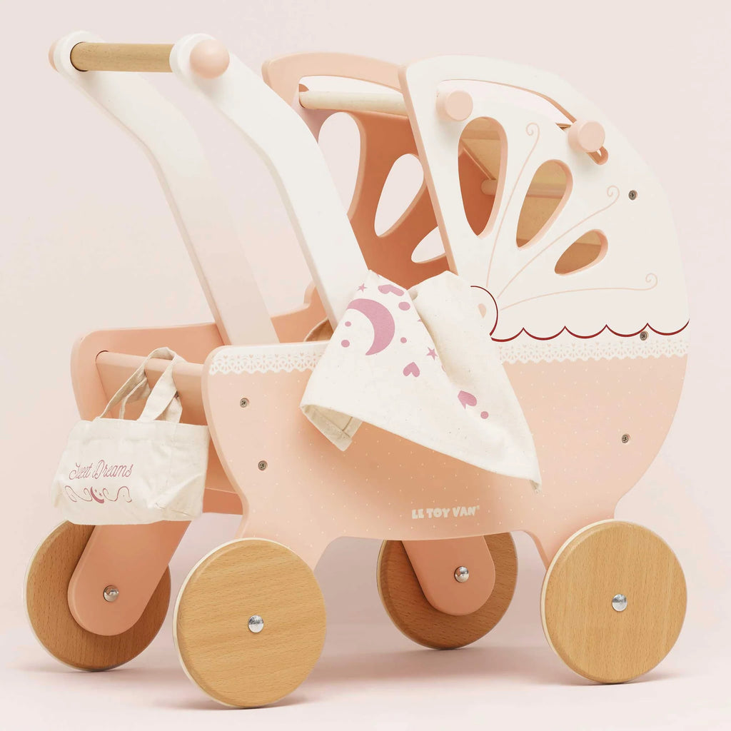 Le Toy Van Doll's Wooden Pram – for children, available at Learning Bugs UK
